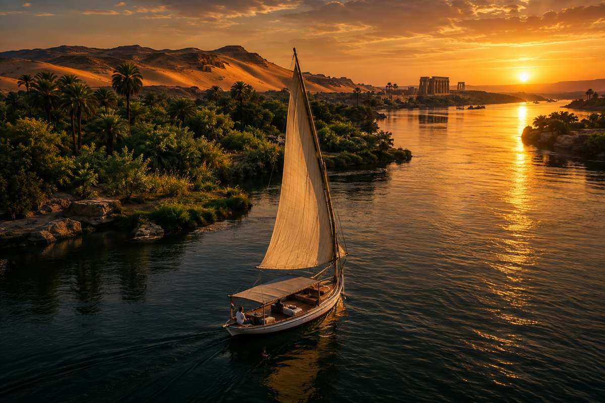 Private felucca sailing on the Nile at golden hour, Aswan to Luxor VIP journey
